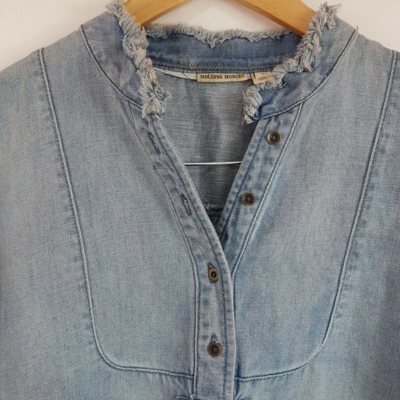 Holding Horses Raw Edge Denim Popover Tunic Blouse Linen Blend - Picture 6 of 6